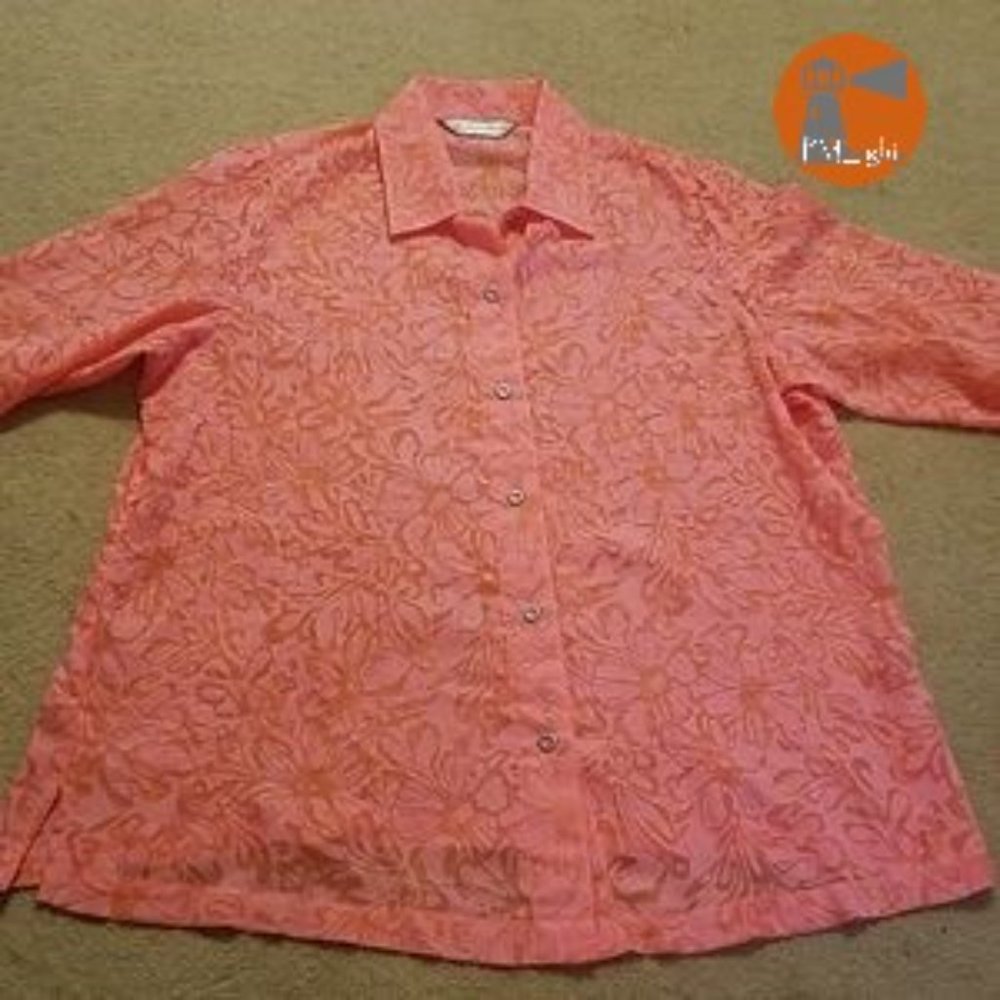 Allison Daley Blouse Pink Floral Sheer Top L Button Up
